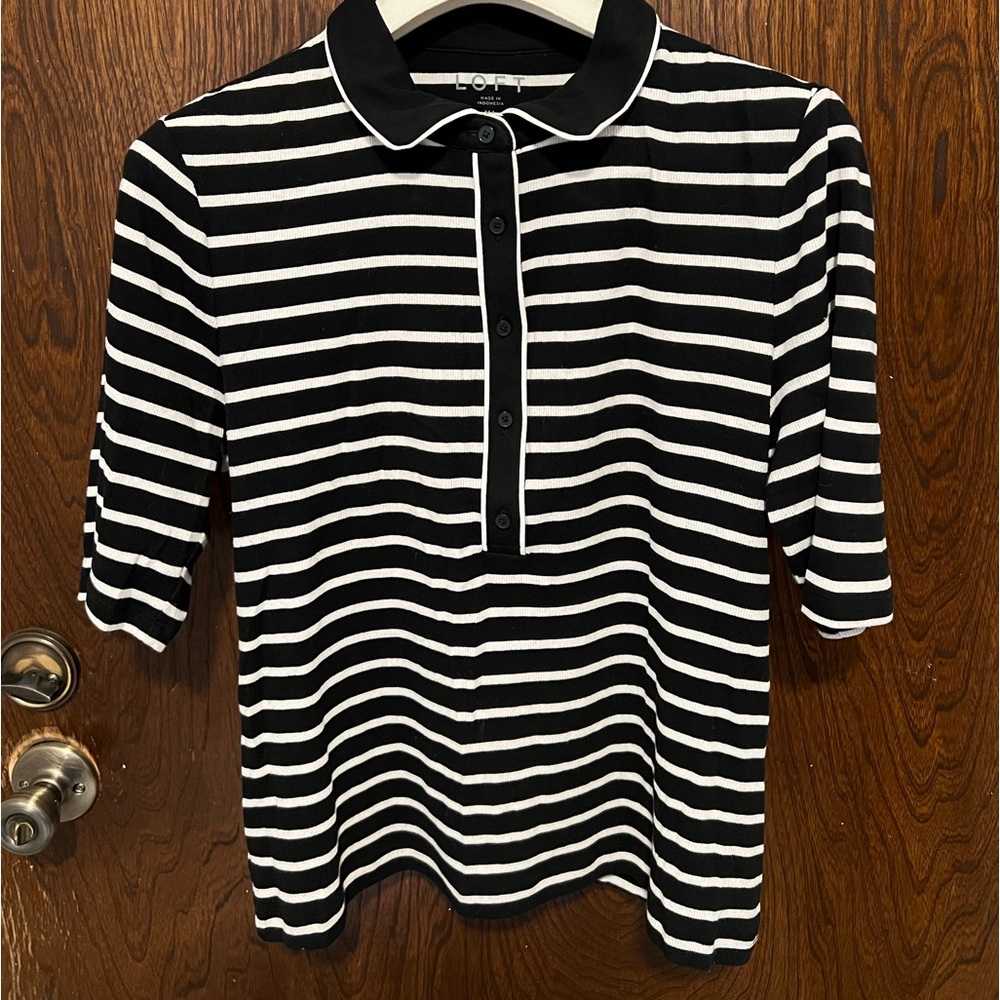 LOFT By Ann Tails Black & White Striped Polo Knit Top Size XL